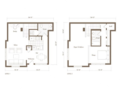 A floor plan of a two-level home with labeled rooms such as study, sleep, and eat.